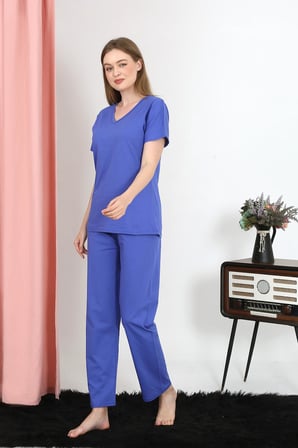 Moda Çizgi Kadın Kısa Kol Pamuk Penye Pijama Takım Saks 4213