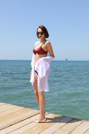 Moda Çizgi Kadın Kimono Pareo Plaj Elbisesi Beyaz 38049