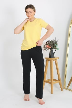 Moda Çizgi Kadın Kısa Kol Pamuk Penye Pijama Takım Sarı 4215