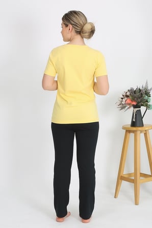 Moda Çizgi Kadın Kısa Kol Pamuk Penye Pijama Takım Sarı 4215
