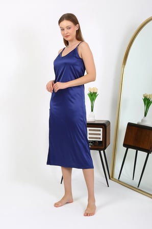 Moda Çizgi Yırtmaçlı Uzun Saten Gecelik Lacivert 7410