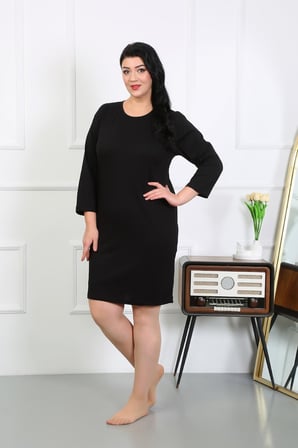 Moda Çizgi Kadın Büyük Beden Penye Gecelik Ev Elbisesi Siyah 12506