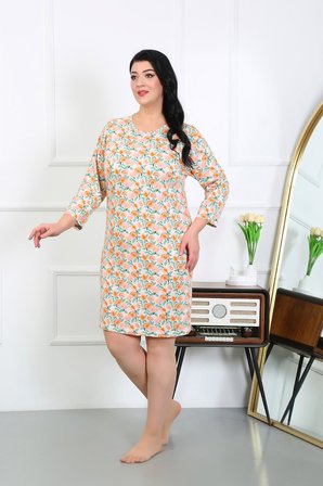 Moda Çizgi Kadın Büyük Beden Penye Gecelik Ev Elbisesi Krem 12507