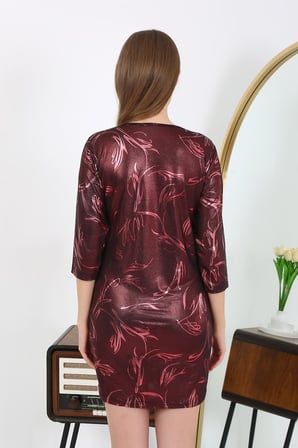 Moda Çizgi Kadın Micro Kumaş Mini Parlak Elbise 7420 Bordo