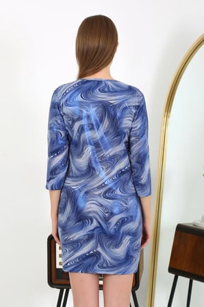 Moda Çizgi Kadın Micro Kumaş Mini Parlak Elbise 7420 Mavi