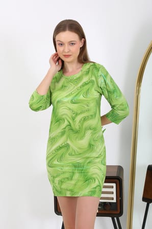 Moda Çizgi Kadın Micro Kumaş Mini Parlak Elbise 7420 Yeşil