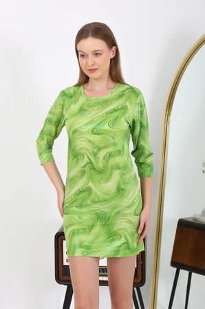 Moda Çizgi Kadın Micro Kumaş Mini Parlak Elbise 7420 Yeşil