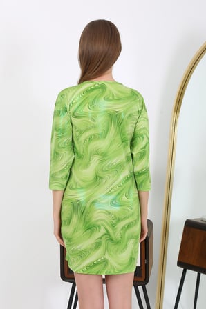 Moda Çizgi Kadın Micro Kumaş Mini Parlak Elbise 7420 Yeşil