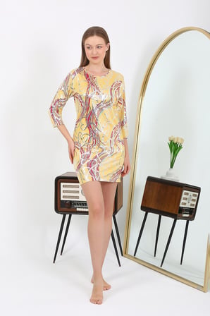 Moda Çizgi Kadın Micro Kumaş Mini Parlak Elbise 7421 Sarı