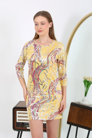 Moda Çizgi Kadın Micro Kumaş Mini Parlak Elbise 7421 Sarı
