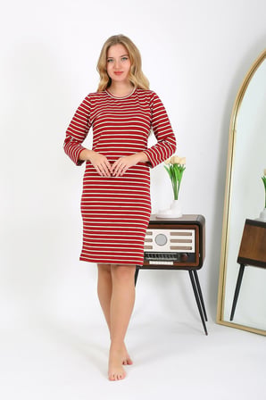 Moda Çizgi Pamuk Ev Elbisesi Tunik Gecelik Kırmızı 13132
