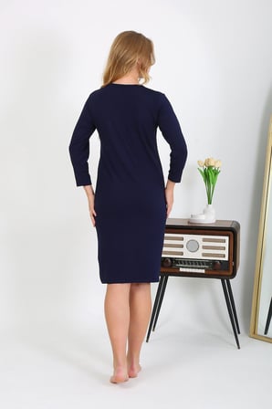 Moda Çizgi Pamuk Ev Elbisesi Tunik Gecelik Lacivert 13132