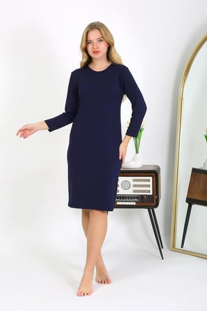 Moda Çizgi Pamuk Ev Elbisesi Tunik Gecelik Lacivert 13132