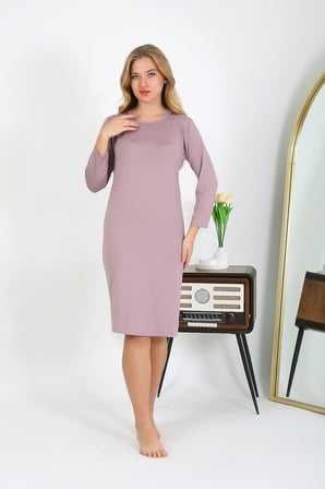 Moda Çizgi Pamuk Ev Elbisesi Tunik Gecelik Pudra 13132