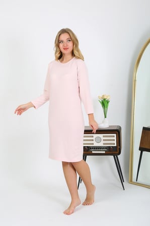 Moda Çizgi Pamuk Ev Elbisesi Tunik Gecelik Somon 13132