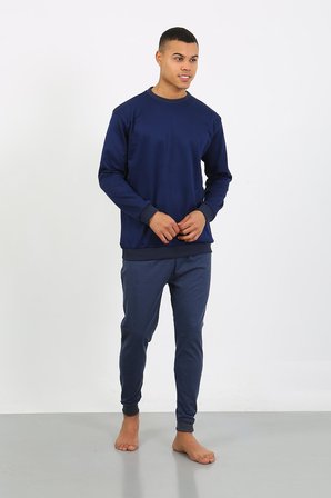 Moda Çizgi Erkek Uzun Kol Manşetli Paça Penye Pijama Takımı 6870 Lacivert