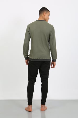 Moda Çizgi Erkek Uzun Kol Manşetli Paça Penye Pijama Takımı 6870 Haki