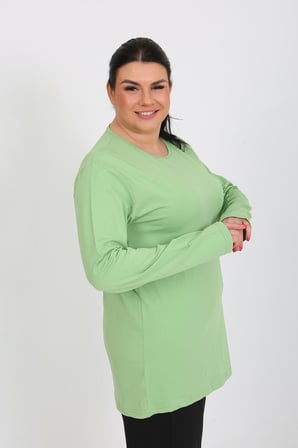 Moda Çizgi Kadın Büyük Beden Uzun Kol Penye Pijama Takımı Fıstık Yeşili 202408