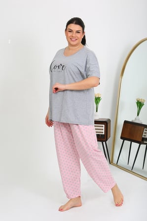 Moda Çizgi Kadın Büyük Beden Kısa Kol Penye Pijama Takımı Gri 202408