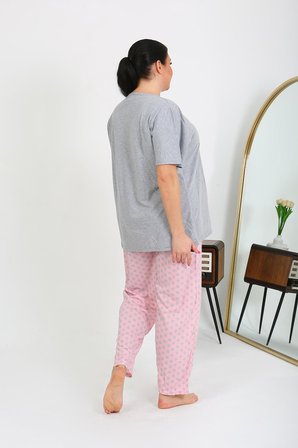 Moda Çizgi Kadın Büyük Beden Kısa Kol Penye Pijama Takımı Gri 202408