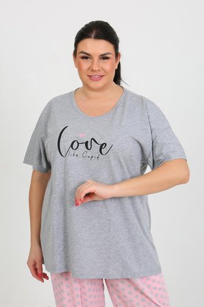 Moda Çizgi Kadın Büyük Beden Kısa Kol Penye Pijama Takımı Gri 202408