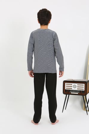 Moda Çizgi Erkek Çocuk Uzun Kol Penye Pijama Takım 20438 Gri