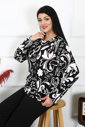 Moda Çizgi Kadın Büyük Beden Penye Uzun Kol Pijama Takım 202217 Siyah