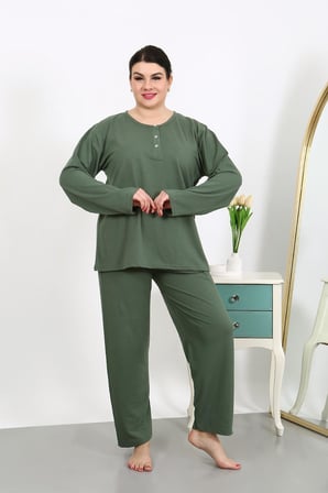 Moda Çizgi Kadın Büyük Beden Uzun Kol Penye Pijama Takımı Haki 202501