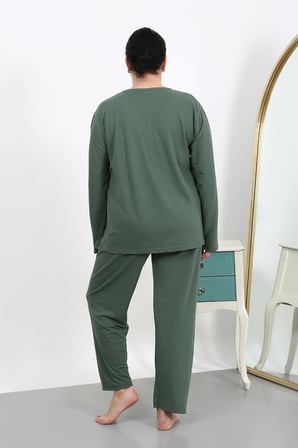Moda Çizgi Kadın Büyük Beden Uzun Kol Penye Pijama Takımı Haki 202501