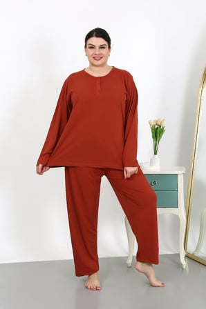 Moda Çizgi Kadın Büyük Beden Uzun Kol Penye Pijama Takımı Kiremit 202501