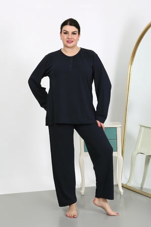 Moda Çizgi Kadın Büyük Beden Uzun Kol Penye Pijama Takımı Lacivert 202501