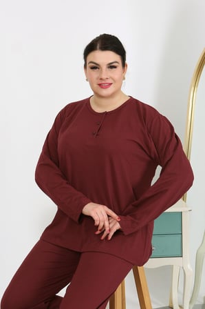 Moda Çizgi Kadın Büyük Beden Uzun Kol Penye Pijama Takımı Bordo 202501