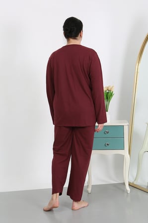 Moda Çizgi Kadın Büyük Beden Uzun Kol Penye Pijama Takımı Bordo 202501