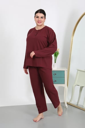 Moda Çizgi Kadın Büyük Beden Uzun Kol Penye Pijama Takımı Bordo 202501