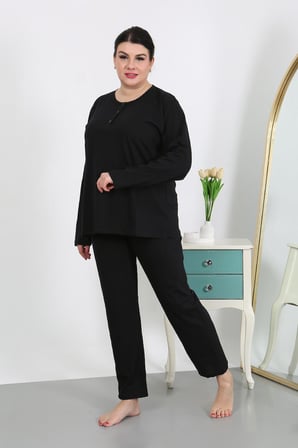 Moda Çizgi Kadın Büyük Beden Uzun Kol Penye Pijama Takımı Siyah 202501