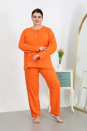 Moda Çizgi Kadın Büyük Beden Uzun Kol Penye Pijama Takımı Turuncu 202501