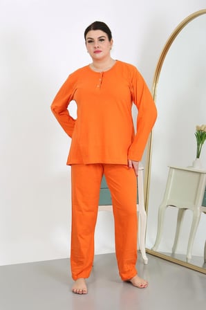 Moda Çizgi Kadın Büyük Beden Uzun Kol Penye Pijama Takımı Turuncu 202501