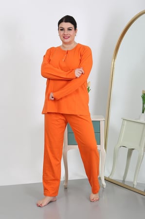 Moda Çizgi Kadın Büyük Beden Uzun Kol Penye Pijama Takımı Turuncu 202501