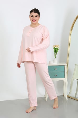 Moda Çizgi Kadın Büyük Beden Uzun Kol Penye Pijama Takımı Pembe 202501