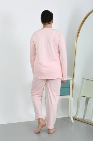 Moda Çizgi Kadın Büyük Beden Uzun Kol Penye Pijama Takımı Pembe 202501