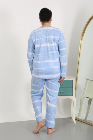 Moda Çizgi Kadın Büyük Beden Uzun Kol Penye Pijama Takımı Mavi 202502
