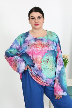 Moda Çizgi Kadın Büyük Beden Uzun Kol Penye Pijama Takımı Saks 202503