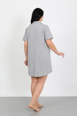 Moda Çizgi Büyük Beden Penye Düğmeli Gri Tunik Gecelik 1025