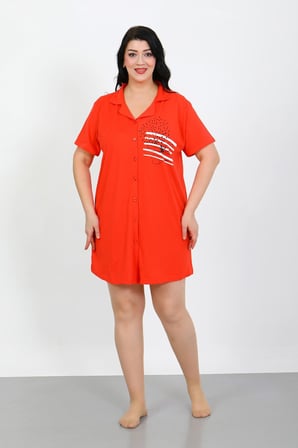 Moda Çizgi Büyük Beden Penye Düğmeli Nar Çiçeği Tunik Gecelik 1025