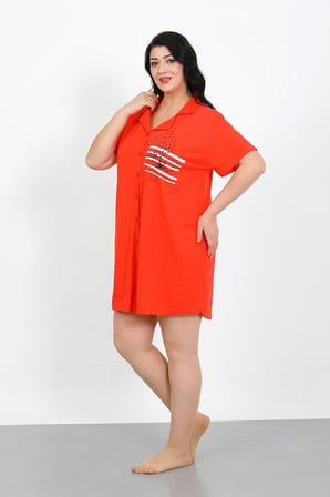 Moda Çizgi Büyük Beden Penye Düğmeli Nar Çiçeği Tunik Gecelik 1025