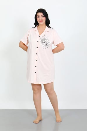 Moda Çizgi Büyük Beden Penye Düğmeli Pudra Tunik Gecelik 1025