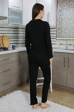 Moda Çizgi Kadın Pamuk Penye Önden Düğmeli Uzun Kol Pijama Takım Siyah 2783
