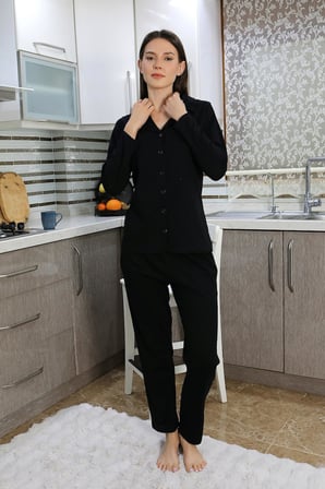 Moda Çizgi Kadın Pamuk Penye Önden Düğmeli Uzun Kol Pijama Takım Siyah 2783