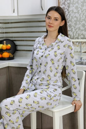 Moda Çizgi Kadın Pamuk Penye Önden Düğmeli Uzun Kol Pijama Takım Gri 2784