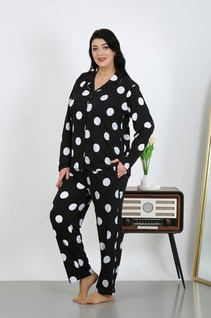 Moda Çizgi Kadın Büyük Beden Pamuklu Cepli Düğmeli Siyah Pijama Takım 202504